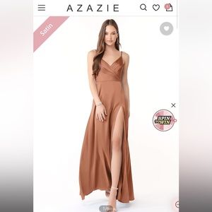 AZAZIE DALILAH
A-Line V-Neck Pleated Stretch Satin Floor-Length Dress Bronzer